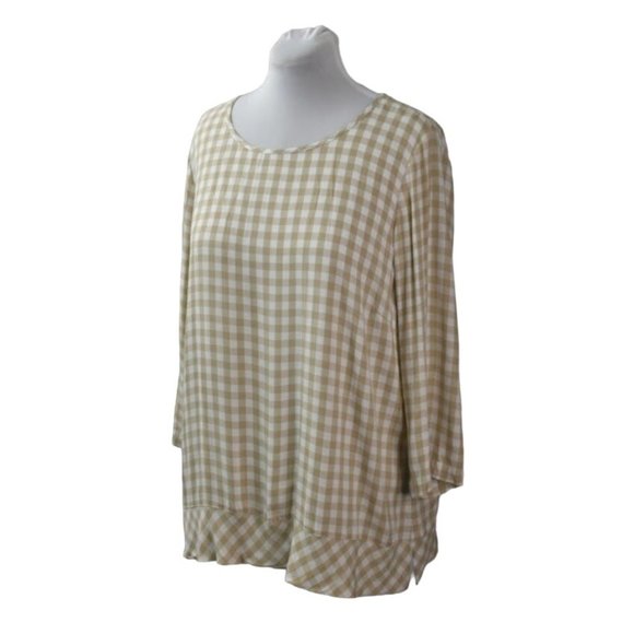 J Jill Top Blouse Womens XL Beige White Checked Rayon - Picture 6 of 9